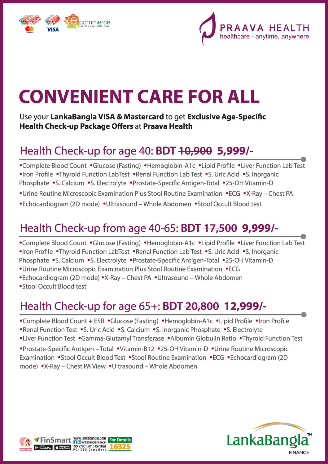 LBFL Exclusive Age Specific Health Checkup Package Offer (Tariff Card) at Praava Health