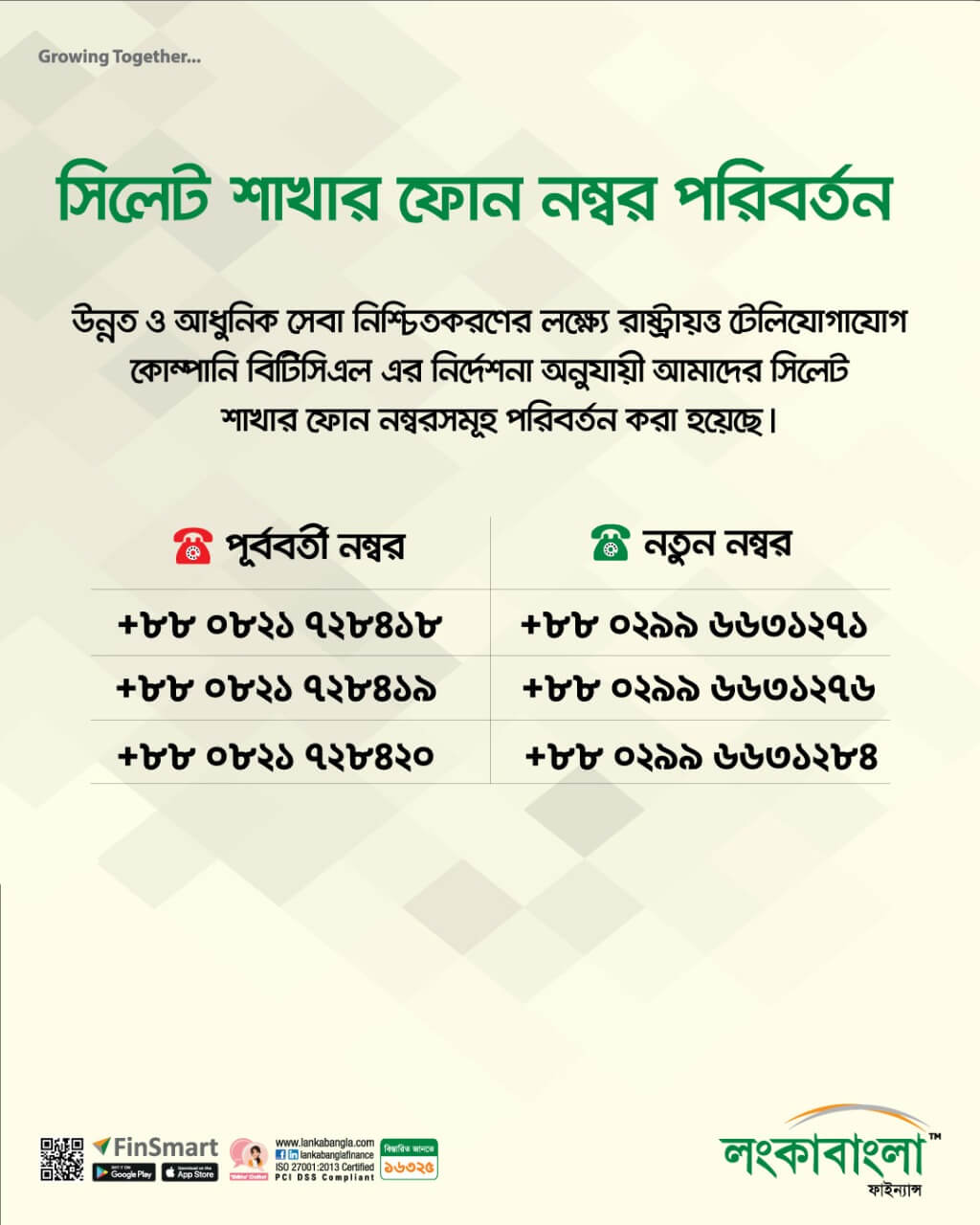 LBFL Sylhet Branch Number Change
